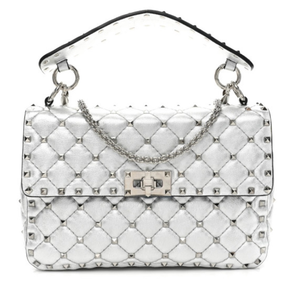 Valentino Silver Quilted Leather Large Rockstud Spike Top Handle Bag